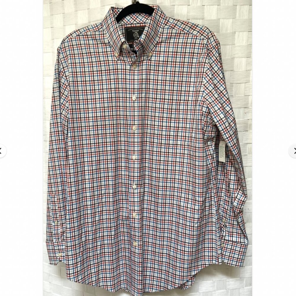 Maker & Company Men's 100% Cotton Plaid Striped Button Dress Shirt Size L